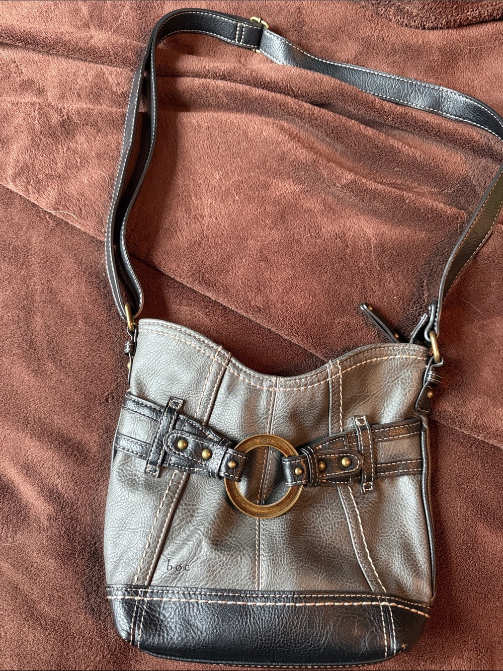 b.o.c. Two-Tone Brown Leather Crossbody with Brass Ring